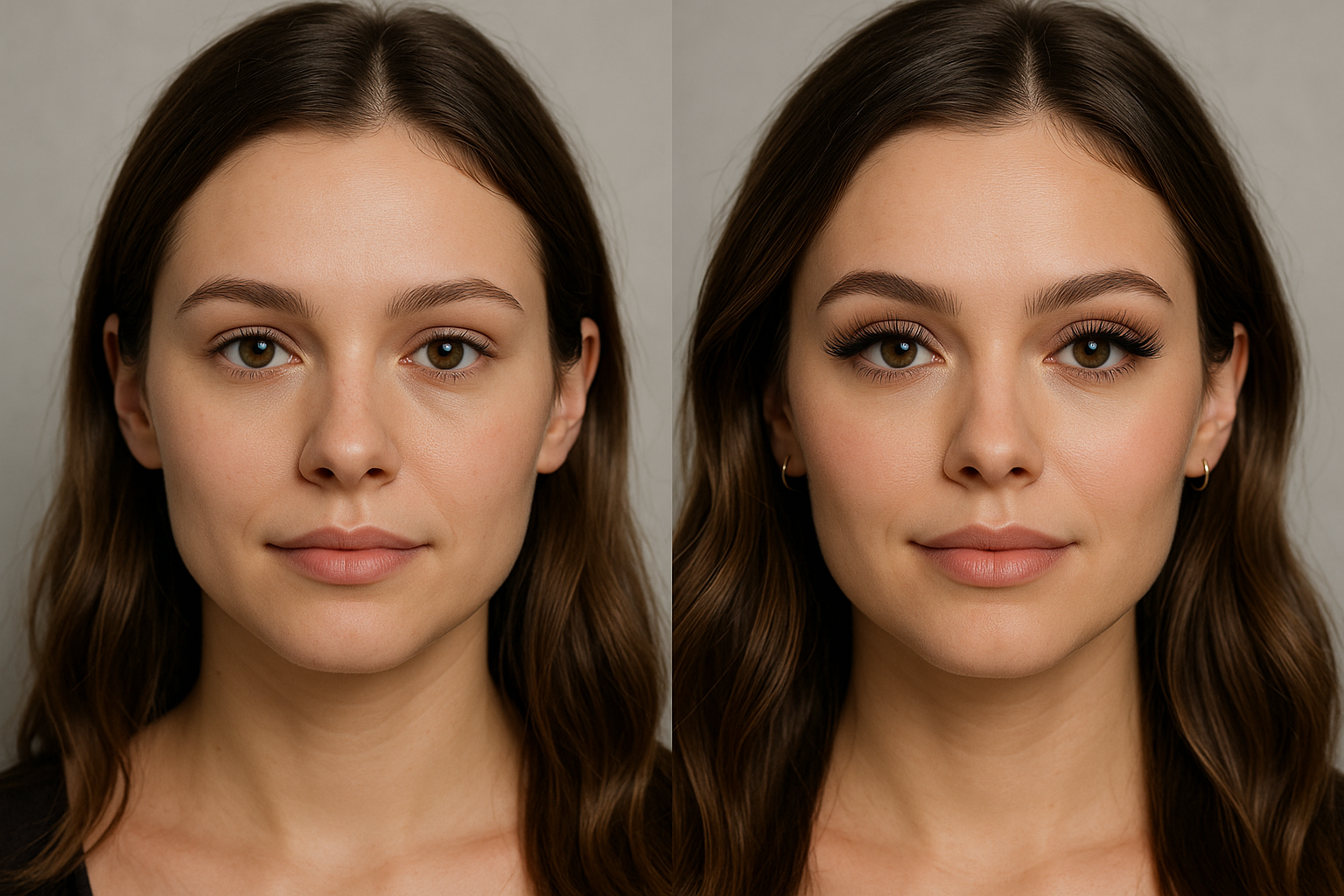 Génère-moi une photo d'une femme avec des faux cils ultra qualitatif qui rend son visage réellement beau et à côté tu mets la même femme sans faux cils, il faut que la photo soit ultra réaliste et que ce soit réellement un avant après deux exactement la même personne
